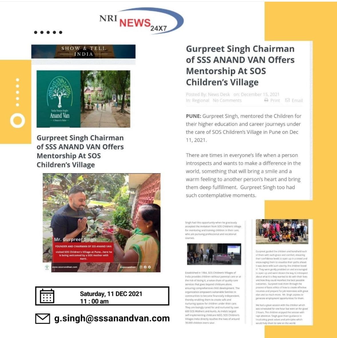 NRI News 24x7 feature on SSS Anandvan's founder