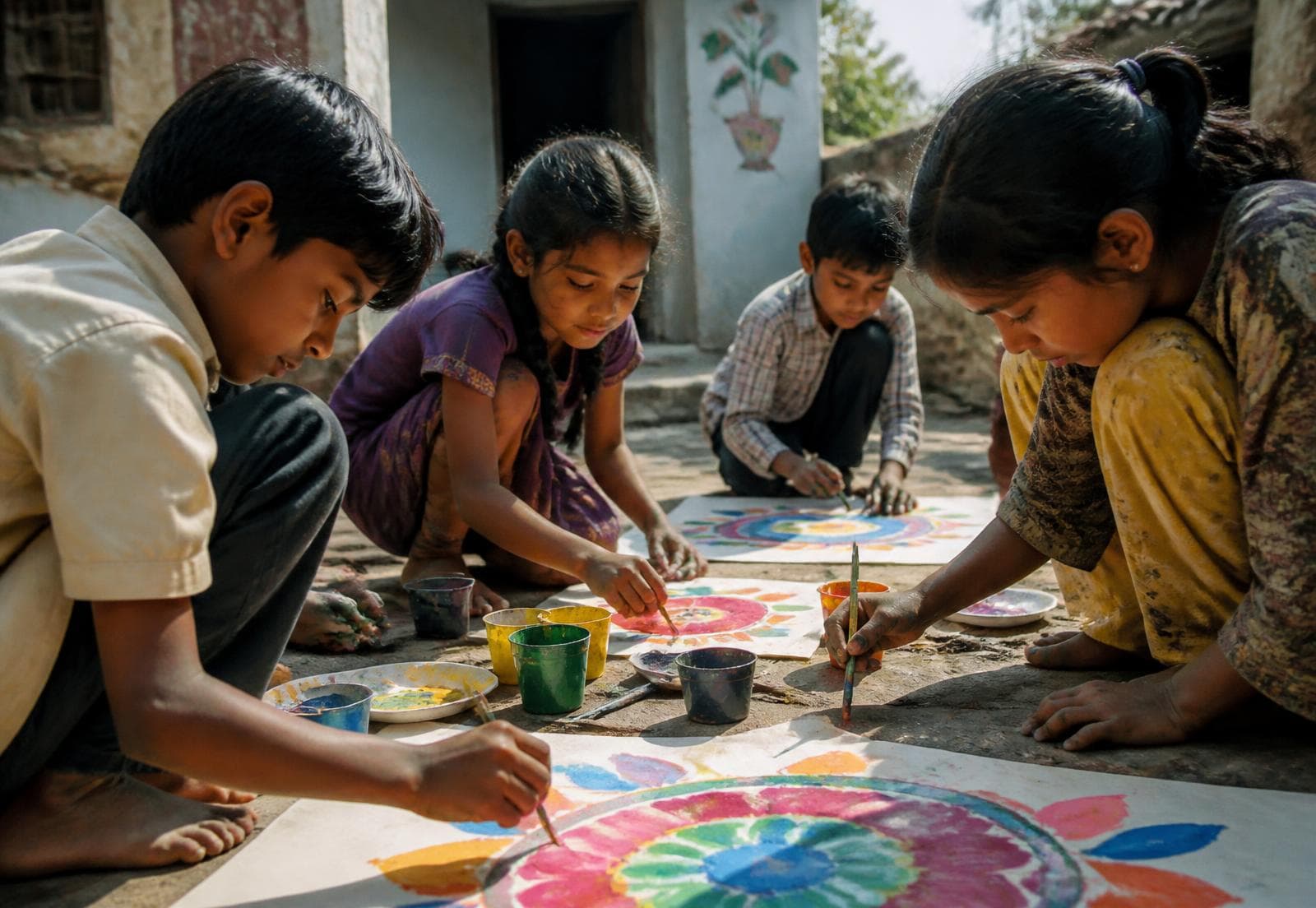 Children painting together on the floor