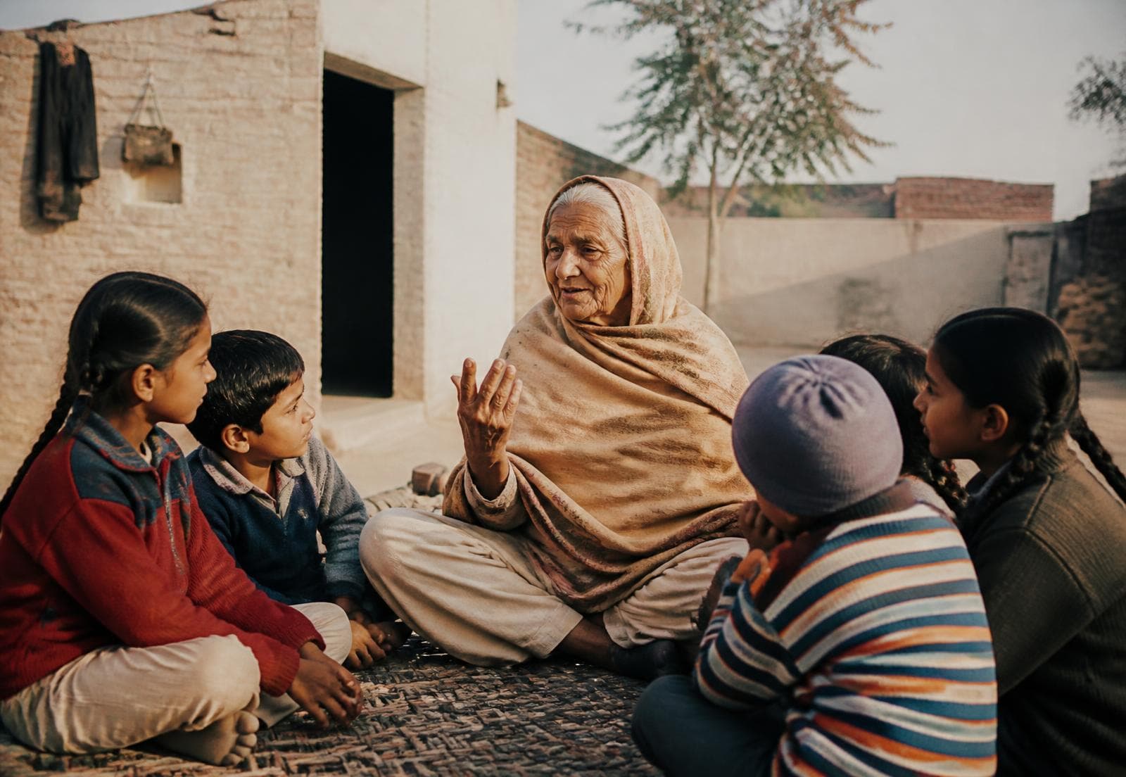 An elder telling a story to a circle of children